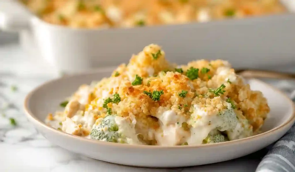 Creamy chicken divan casserole with broccoli and golden breadcrumb topping served on a white plate