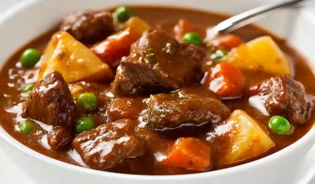 Extra close-up of homemade beef stew with tender beef chunks, carrots, potatoes, and peas in rich brown gravy