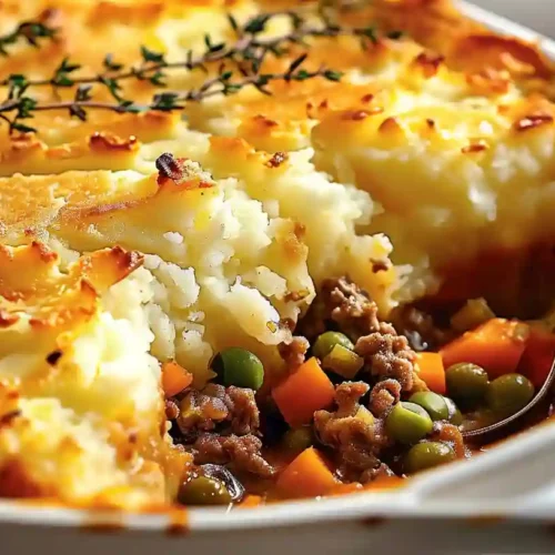 Cozy Shepherd’s Pie Recipe for a Warm Family Dinner 3 Close-up of shepherd’s pie with golden mashed potatoes and minced meat filling with carrots and peas