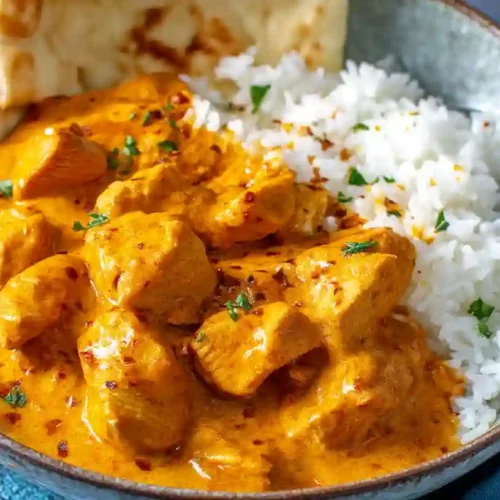 Butter Chicken Recipe - A Cozy, Creamy Comfort Dinner at Home 3 Butter chicken served with white rice and naan in a bowl, creamy orange sauce