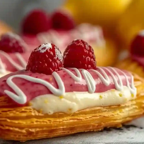 Lemon raspberry éclairs with pink glaze and cream filling close-up