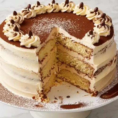 The Ultimate Homemade Tiramisu Cake Recipe 3 Slice of homemade tiramisu cake with mascarpone frosting and cocoa powder topping.