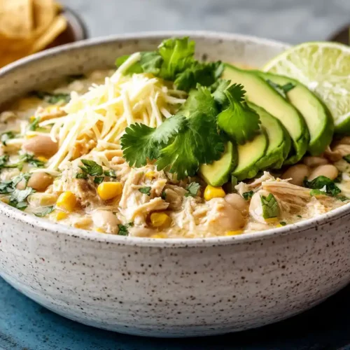 White Chicken Chili 10 Creamy White Chicken Chili topped with avocado slices, tortilla chips, shredded cheese, cilantro, and lime.