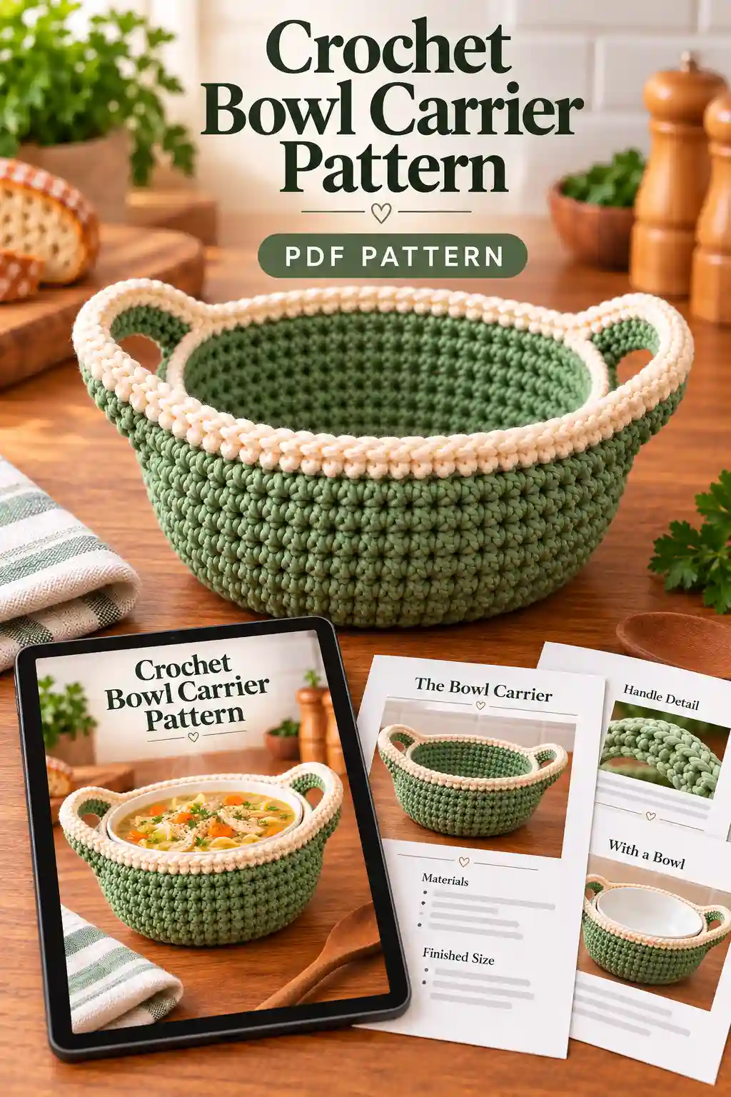 Crochet bowl carrier PDF pattern preview with sage green and cream design