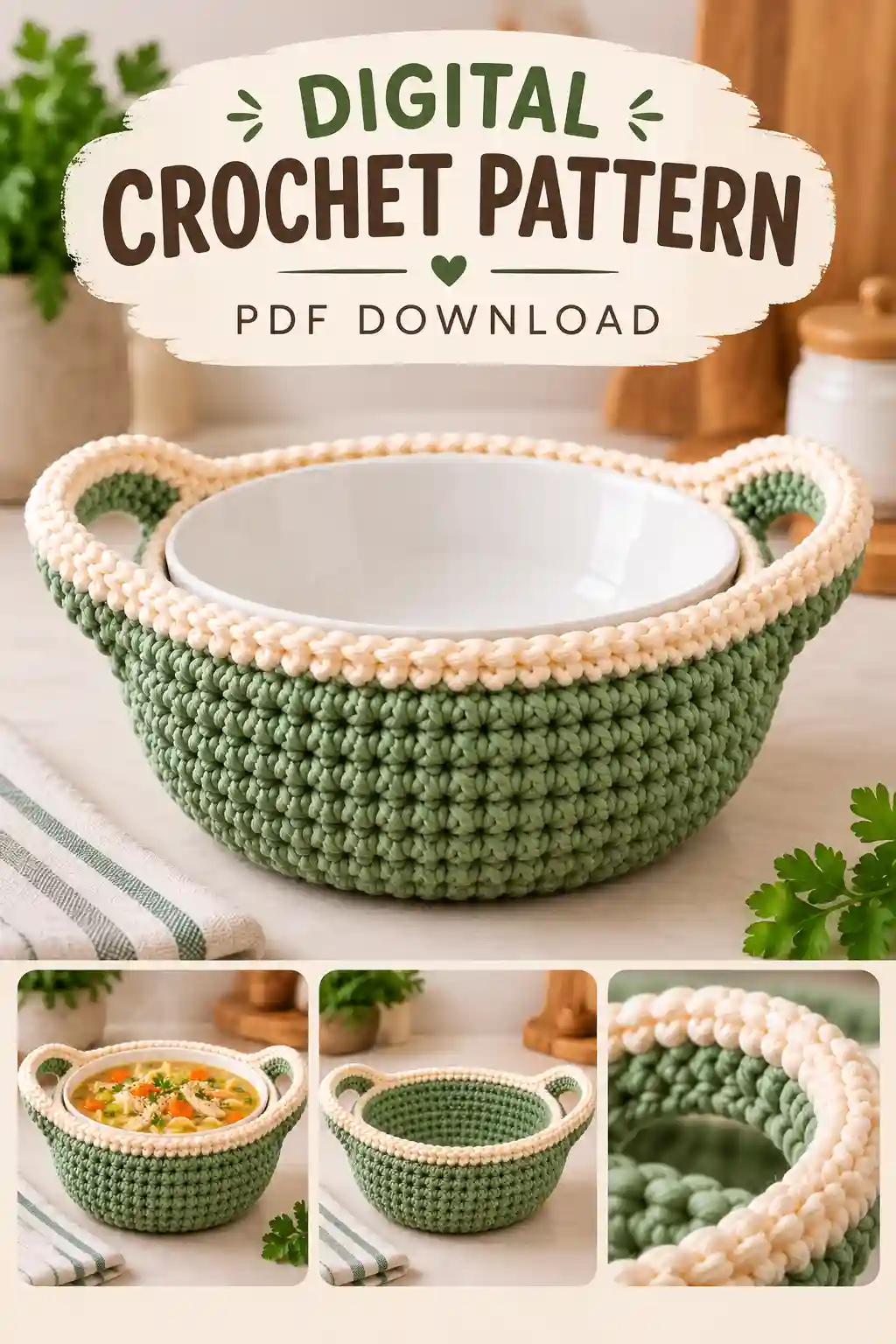 Digital crochet bowl cozy pattern with handles — PDF download