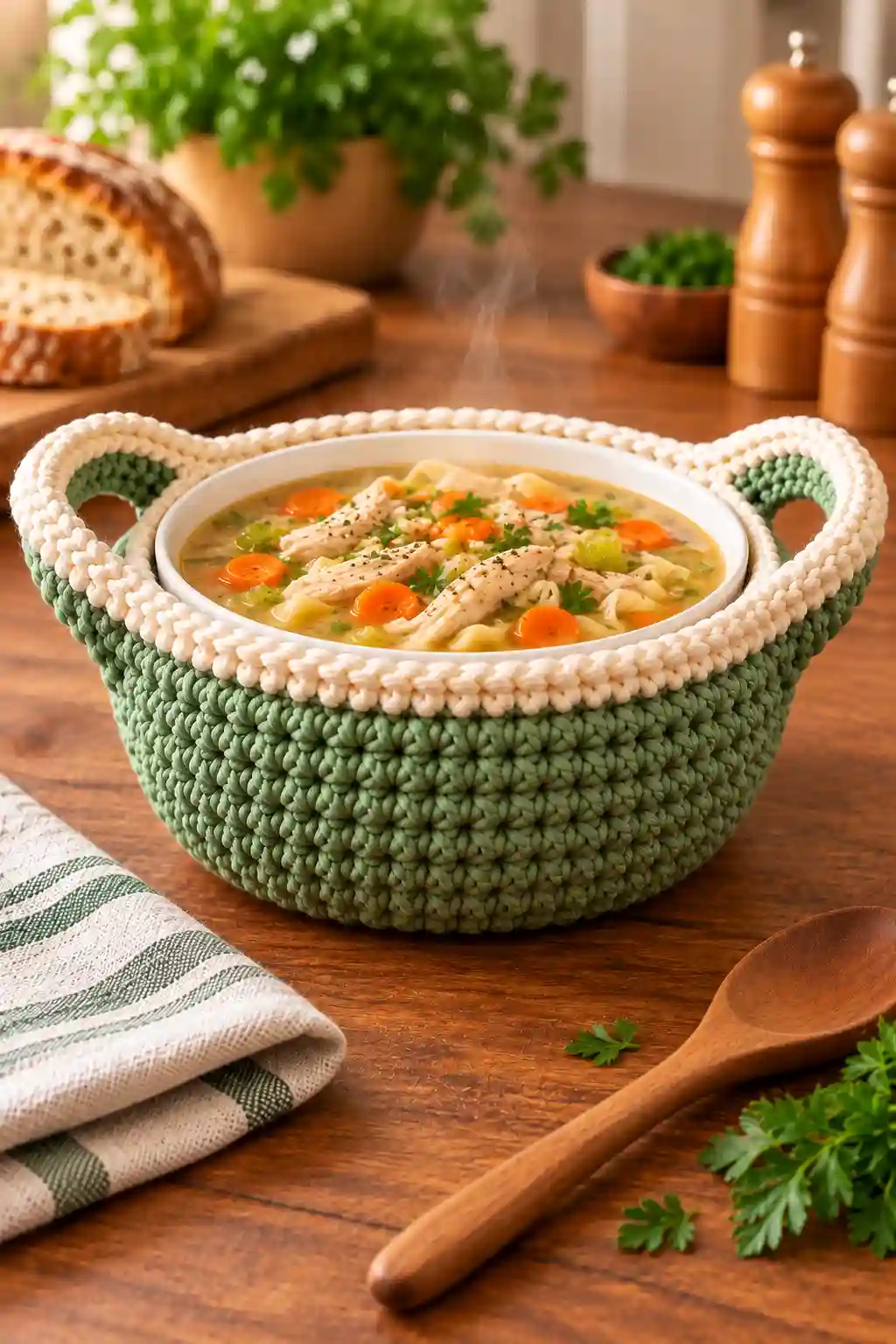 Sage green crochet bowl carrier holding a ceramic soup bowl